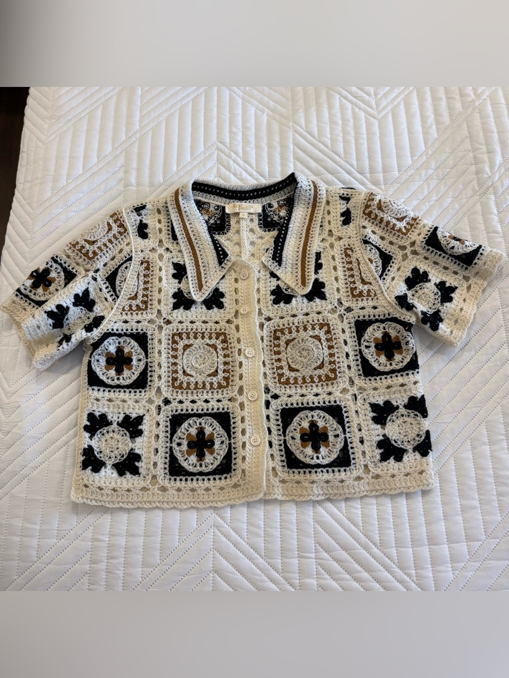 Rebellion Crochet Patchwork Short Sleeve Cardigan in Cream, Black & Brown